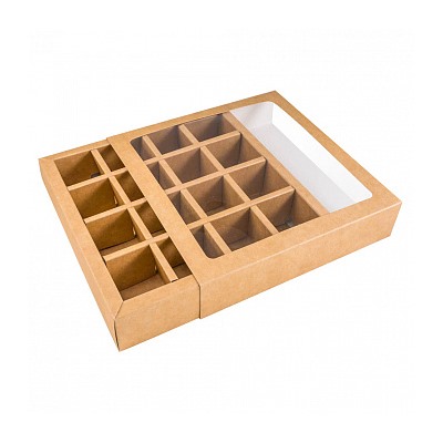 Коробка для 16 конфет с разделителями Крафт с окном