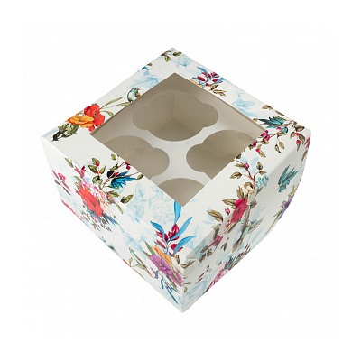 Коробка для 4 капкейков с окном "Цветы ассорти"