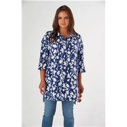 Блузка летняя удлиненная с коротким рукавом большого размера с принтом на синем