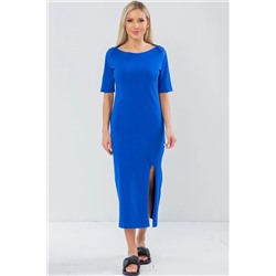 Платье длинное трикотажное синего цвета с разрезом
