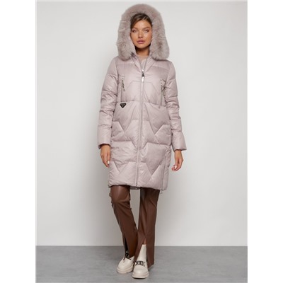 Пальто утепленное с капюшоном зимнее женское светло-коричневого 13305SK