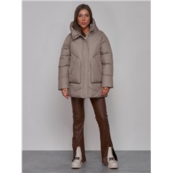 Зимняя женская куртка модная с капюшоном светло-коричневого цвета 52362SK