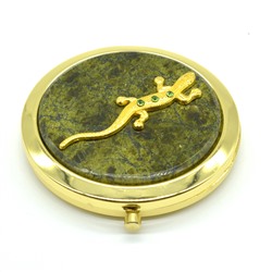 Зеркало карманное с накладкой из змеевика круглое с ящеркой (стразы), золотистое