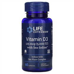 Life Extension, витамин D3 с формулой Sea-Iodine, 125 мкг (5000 МЕ), 60 капсул
