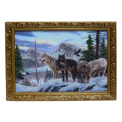 Картина из камня в деревянном багете репродукция "Стая волков у горы" 32,5*22,5см