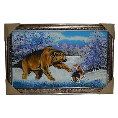 Панно из камня в багете, пейзаж медведь с собакой, 58*38см, 1300гр