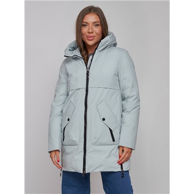 Зимняя женская куртка молодежная с капюшоном бирюзового цвета 58622Br