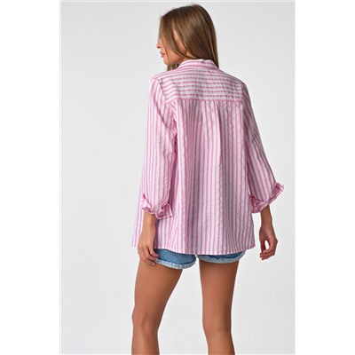 Рубашка летняя свободная в полоску из хлопка на розовом