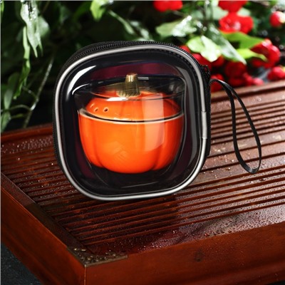 Набор для чайной церемонии керамический «Тыква», 5 предметов: гайвань 200 мл, малая чаша 60 мл, большая чаша 210 мл, тряпка, сумка, посуда для Хэллоуина, цвет оранжевый