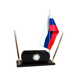 Письменный прибор из обсидиана с часами и флагом 210*90*70мм.