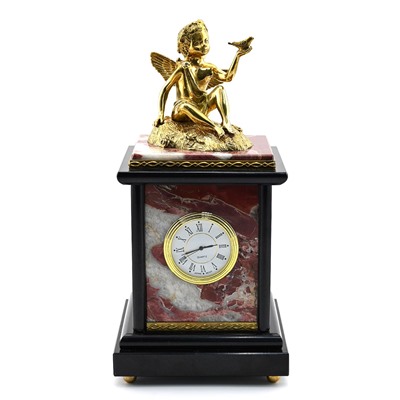 Часы из яшмы и долерита с бронзой "Мальчик с голубем" 130*120*260мм.