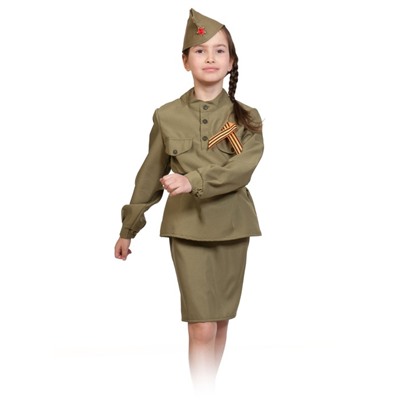 Карнавальный костюм «Солдаточка», гимнастёрка, ремень, юбка, пилотка, бант, рост 92-110 см