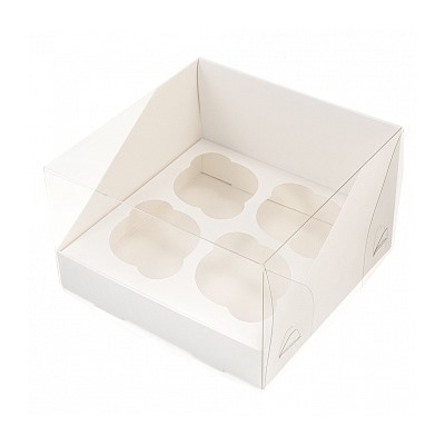 Коробка для 4 капкейков, белая с прозрачной крышкой