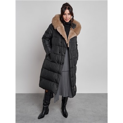 Пальто утепленное с капюшоном и мехом зимнее женское черного цвета 133203Ch