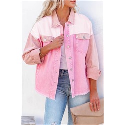 Pink Flap Pockets Colorblock Denim Jacket