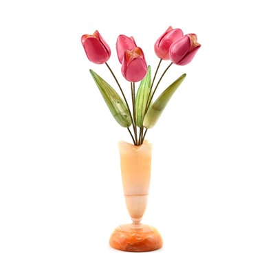 Ваза из селенита "Росток" с тюльпанами (5 цв.) розовые 55*55*210мм