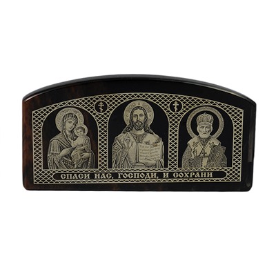 Автомобильная икона из обсидиана 60*30мм "Богородица, Иисус, Николай" арка