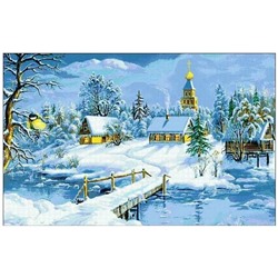 Алмазная мозаика на подрамнике 40*50см Зима Домики в снегу на берегу реки Церковь YSA0501