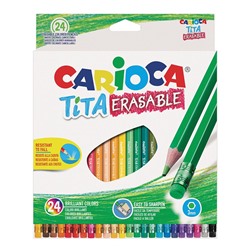 Карандаши цветные стираемые с резинкой CARIOCA "Erasable" 24 цвета пластик, 6-гранные 181700