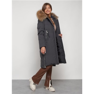 Пальто утепленное с капюшоном зимнее женское темно-серого цвета 133125TC