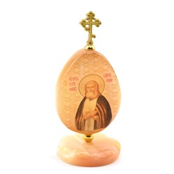 Яйцо из селенита на подставке с крестом "Серафим Саровский" 47*47*105мм