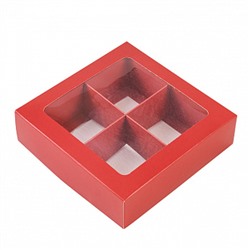 Коробка для 4 конфет с разделителями, Красная с окном