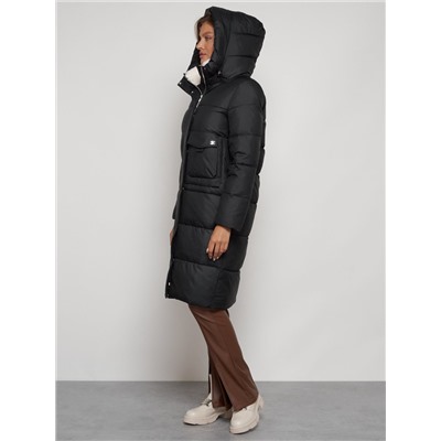 Пальто утепленное с капюшоном зимнее женское черного цвета 133127Ch