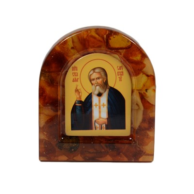 Иконка с янтарем магнит "Преподобный Серафим Саровский" арка 38*44мм