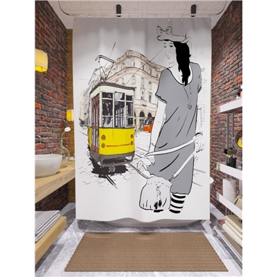 Фотоштора для ванной Желтый трамвай и девушка