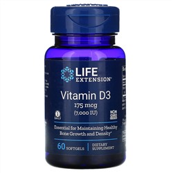 Life Extension, Витамин D3, 175 мкг (7000 МЕ), 60 мягких желатиновых капсул