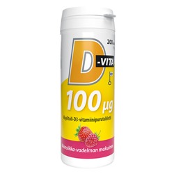 Жевательные таблетки с ксилитом и витамином (малина-клубника) D3"D-vita-purutabletti 100 µg" 200 таб
