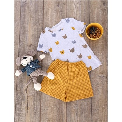 Пижама для девочки Кошки арт.ПД-009-024 (Серый меланж/горчичный)