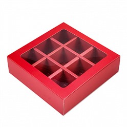 Коробка для 9 конфет с разделителями Красная с окном