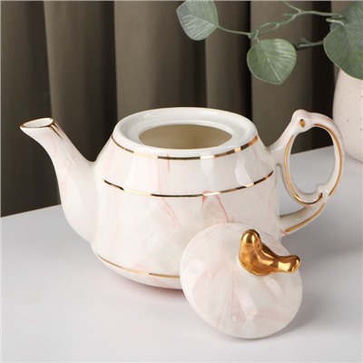 Набор керамический чайный «Мрамор», 6 предметов: чайник 800 мл, 4 кружки 170 мл, поднос 31×21 см, цвет розовый