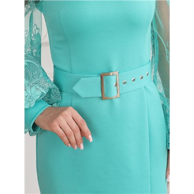 Платье-футляр трикотажное мятного цвета с объёмными рукавами из кружева