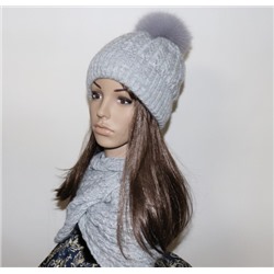 Комплект шапка+снуд "Елена" цвет серый, с натуральным помпоном