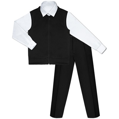 Школьный комплект для мальчика с белой рубашкой, черным жилетом на замке и брюками