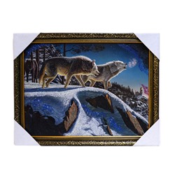 Картина из камня в деревянном багете репродукция "Три волка на скале" 45*35см