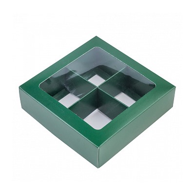 Коробка для 4 конфет с разделителями, Зелёная с окном