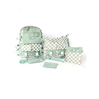 Комплект MF-8108  (рюкзак+2шт сумки+пенал+монетница)  1отд,  6внеш+1внут/карм,  зеленый/бел 256349