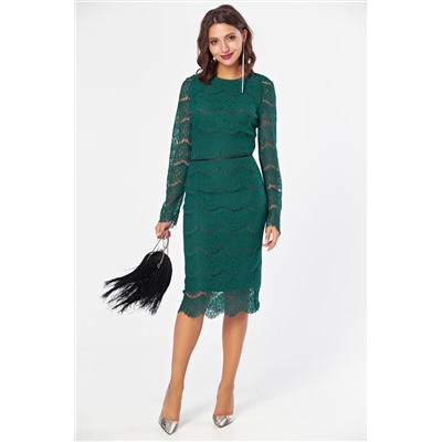 Платье кружевное приталенное миди зеленое