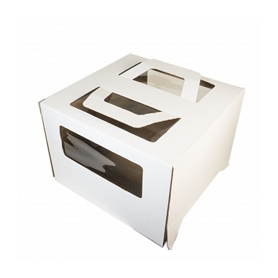 Коробка для торта белая 26*26*20 см, с ручками (окна)