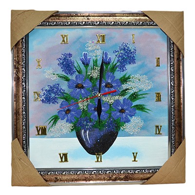 Часы-картина в багете, пейзаж фиалки в вазе, 36,5*36,5см, 600гр