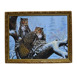 Картина из камня в деревянном багете репродукция "2 совы на дереве" 45*35см