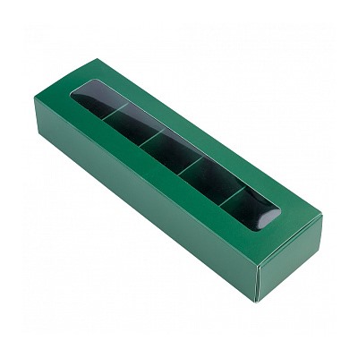 Коробка с обечайкой для 5 конфет с окном 21*5*3 см, Зелёная