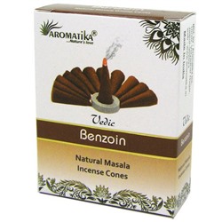 Vedic BENZOIN Natural Masala Incense Cones, Aromatika (Ведик БЕНЗОИН, натуральные конусные благовония, Ароматика), уп. 10 конусов.