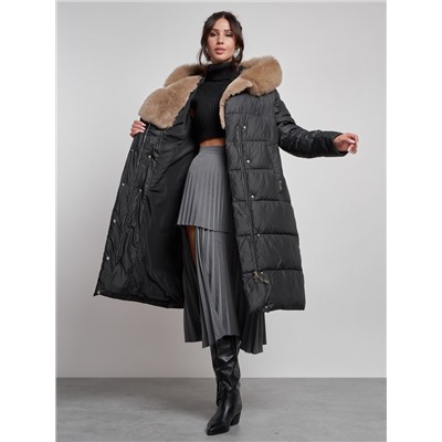 Пальто утепленное с капюшоном и мехом зимнее женское черного цвета 133203Ch