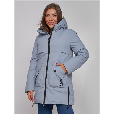 Зимняя женская куртка молодежная с капюшоном голубого цвета 58622Gl