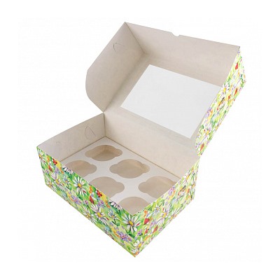 Коробка для 6 капкейков с окном "Акварельные ромашки"