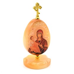 Яйцо из селенита на подставке с крестом "Божьей Матери Троеручица" 47*47*105мм